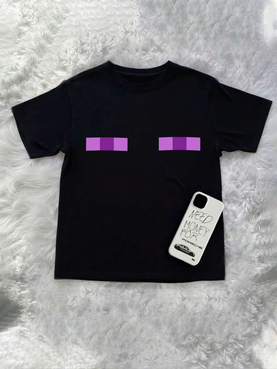 INAWLY Camiseta gráfica estética ajustada de estilo gótico minimalista y casual de manga corta con estampado de pixeles de bloques de color y ojo morado para mujer con tallas grandes, estilo callejero y clubwear punk - Negro - Ver 1