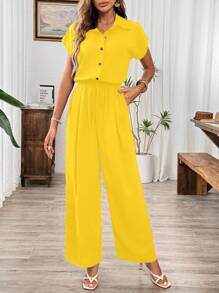 Chiquease 女式亚麻休闲前开弹力腰阔腿连体裤，黑色