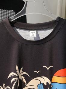 青少年男孩热带印花短袖T恤，夏季休闲，海滩 - 黑色 - 查看 5