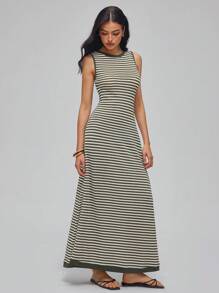 Roylia High-Elastic Dual-Color Openwork Knitted, Faux Knitted Openwork Striped Pattern, Fitted, Round Neck, Sleeveless, Tied Bowknot At Back, Contrast Tipping, Cutout At Back Collar, Super Oversized A-Line, Tank-Style, Waist-Cinched, Vacation, Festival, Casual, Elegant, Commute, Sexy, Minimalist, Romantic, Sweet, Bohemian Holiday, Long Maxi Dress For Women Spring/Summer Stripe Dresses For Women Striped Maxi Dress Summer Dress Vintage - Army Green - View 1