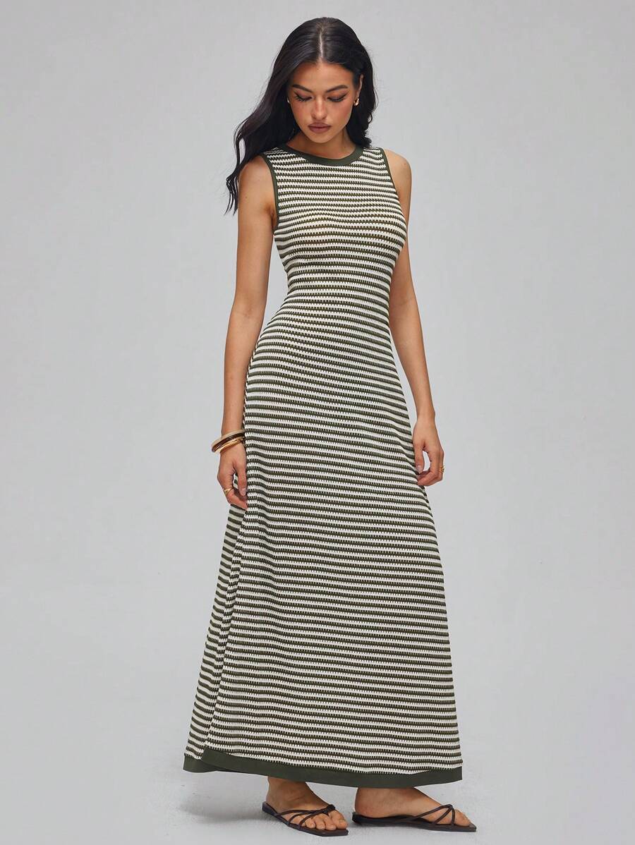 Roylia High-Elastic Dual-Color Openwork Knitted, Faux Knitted Openwork Striped Pattern, Fitted, Round Neck, Sleeveless, Tied Bowknot At Back, Contrast Tipping, Cutout At Back Collar, Super Oversized A-Line, Tank-Style, Waist-Cinched, Vacation, Festival, Casual, Elegant, Commute, Sexy, Minimalist, Romantic, Sweet, Bohemian Holiday, Long Maxi Dress For Women Spring/Summer Stripe Dresses For Women Striped Maxi Dress Summer Dress Vintage - Army Green - View 1