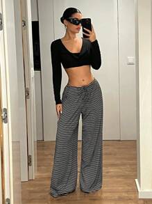 SHEIN ICON Damen Gestreifte Lange Hosen, Y2K Mode Lässige Gerade Bein Hosen mit Tunnelzug für Zuhause