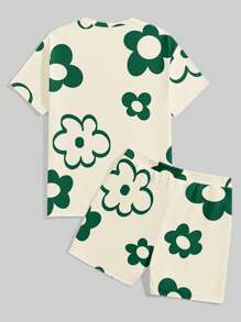 Manfinity Homme Men Floral Print Casual T-Shirt And Shorts Set, Cozy Outfits - Green - View 2
