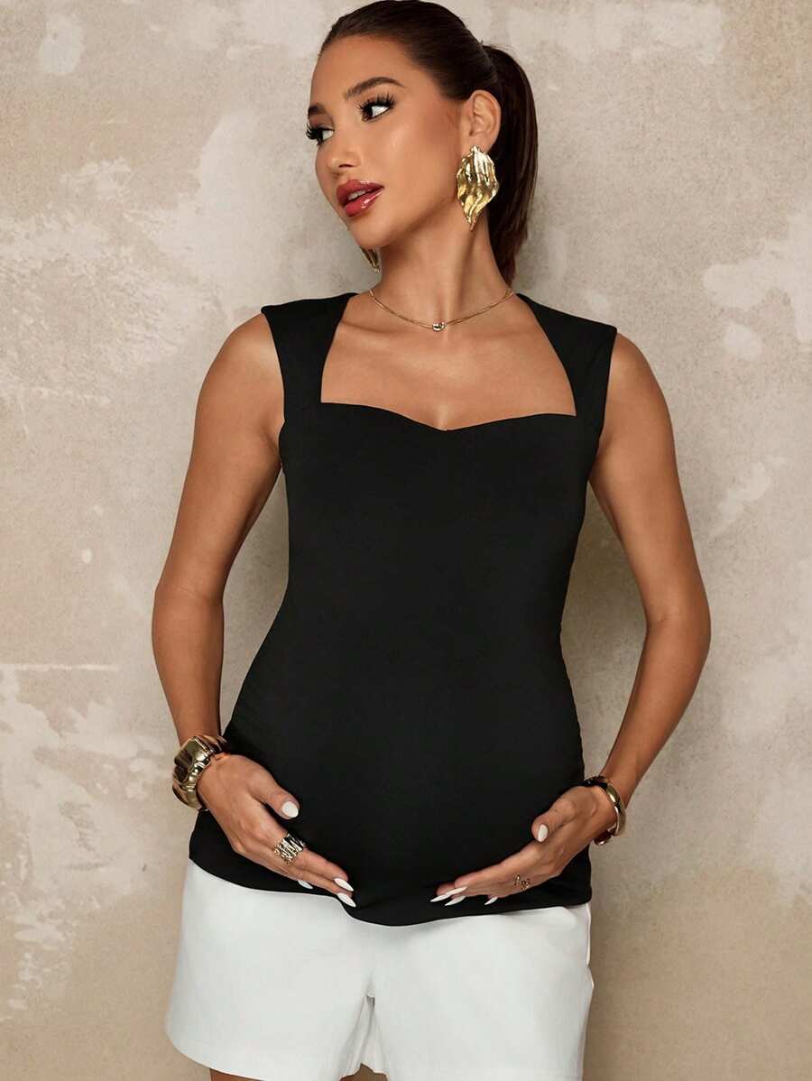 MaterniChic Maternity Solid Color Hollow Sweetheart Neck Summer Casual Tank Top Summer Airport For Women - Black - View 1