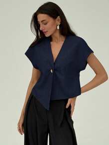 Aloruh Women Simple Single Button Batwing Sleeve Short Sleeve Shirt, Suitable For Commuting In Summer Navy Blue - Navy Blue - View 2