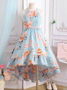 SHEIN Leap Crew Tween Girl Backless Strap Floral Print Sleeveless Vacation Dress - Baby Blue - View 7