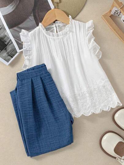 Tween Girls' Sleeveless Solid Color Top And Pants Set, Minimalist And Fashionable 2 Pieces Outfit