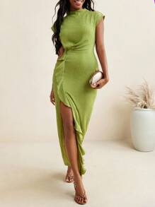 Amiko Summer Green Pleated Knitted Draped Flounce Midi Dress With Mock Neck Women Summer Dress - Green - View 1