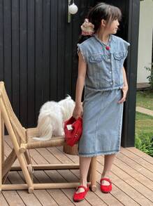 Dazy Kids 青少年女孩牛仔两件套服装 - 淺色水洗藍 - 查看 6