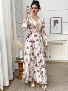 Yasmyna Women Floral Print Ribbon V-Neck Elegant Long Sleeve Arabic Dress, Modest - Multicolor - View 3