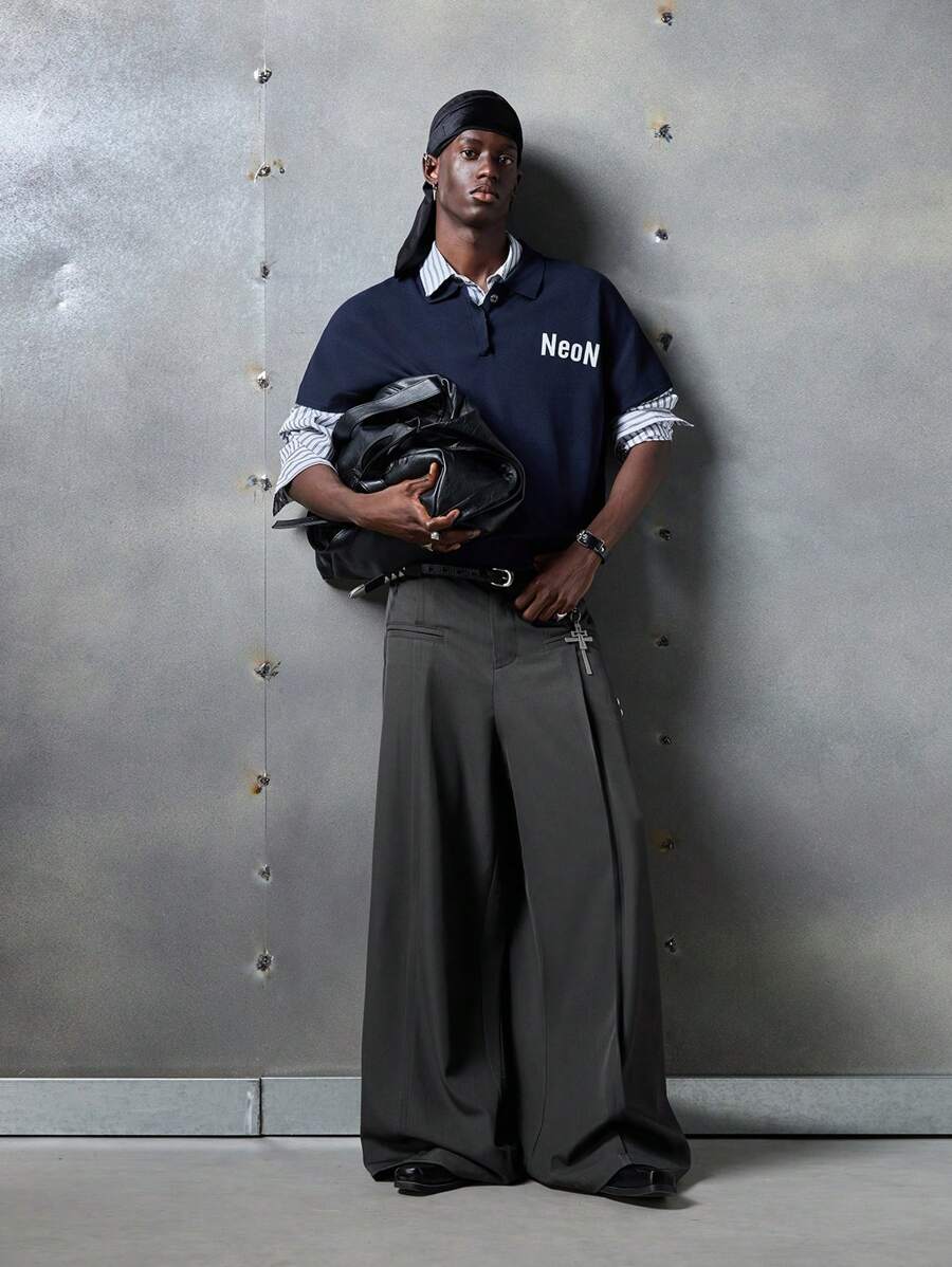 NEON BLANC 男士街头时尚蝙蝠袖 Polo 领针织毛衣，校园风，街头风版 - 藏蓝色 - 查看 1