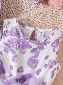 Sparklyn 2 件套青少年女孩优雅盖袖串珠上衣和花卉印花连衣裙（配腰带），春夏 - 淡紫色 - 查看 4