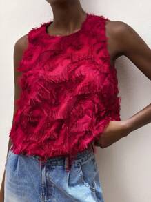 Maija Top débardeur sans manches pour femmes, style bohème de vacances décontracté, avec encolure ronde, ourlet à volant, décor de plumes, en jacquard fuchsia. Confortable pour le printemps/été.