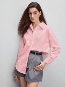 BizChic 女士纯色翻领长袖清爽衬衫，基本款都市通勤风格，简约优雅时尚商务休闲，适合教师和办公室穿着 - 粉色 - 查看 9