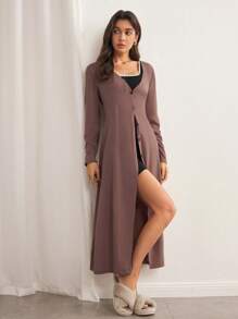 SHEIN Women Deep V-Neck Solid Color Casual Loose Long Sleeve Cardigan Robe - Redwood - View 5