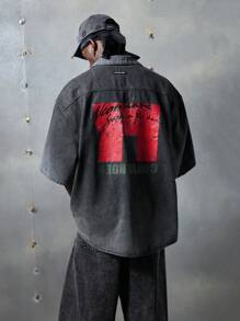 NEON BLANC 男士街头时尚梭织牛仔短袖宽松衬衫，街头风版 - 深灰色 - 查看 5