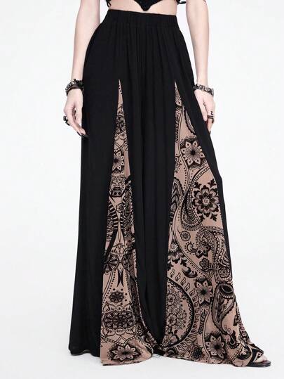 Women's Gothic Patchwork Elastic Waist Wide Leg Pants For Summer Beach Wear