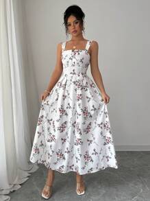 Elenzga Najnowsza moda wiosna/lato Elegancka sukienka marszczona w talii z kwiatowym nadrukiem dla kobiet