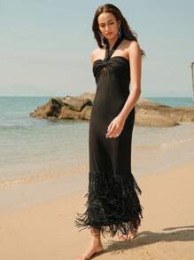 Anewsta Women's Elegant Modern Banquet Date Black Tassel Halter Neck Hollow Out Dress, Spring/Summer Outfits - Black - View 4