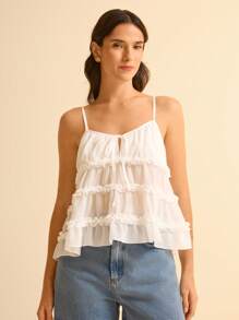 CAJUNI Boho Style White Layered Ruffle Tie-Up Women's Camisole