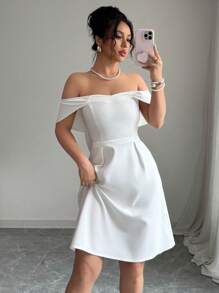 Selianne 女士优雅纯色露肩蝴蝶结长裙，夏季 - 白色 - 查看 2