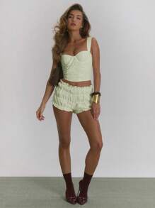 MUSERA 层叠迷你荷叶边镂空刺绣短裤，夏季度假伊比沙岛波西米亚风海滩派对 - 薄荷綠 - 查看 2