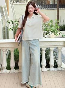 Dazy Plus Solid Color Polo Collar Short Sleeve Regular Fit White Summer T-Shirt Women Summer Sets,Business Casual Women