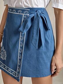 Wildy Women's Teacher Back To School Vintage Modest Cute Old Money Resort Floral Embroidered Side Tie Casual Skort - Dusty Blue - View 3