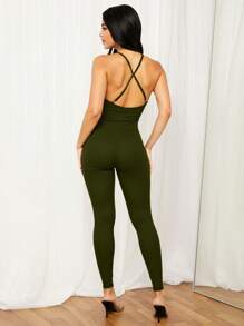 SHEIN SXY Summer Backless Solid Criss Cross Cami Unitard Jumpsuit - Army Green - View 3