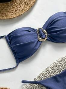 Swim Mod Springbreak Women's Solid Color Strapless Tie Front Metal Decor Sexy Bikini Set, Summer - Navy Blue - View 4