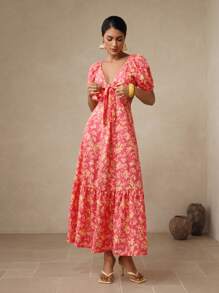 Swim Oasis Women Long Sleeve Front Tie Back Gathered A-Line Print Dress - Hot Pink - View 4