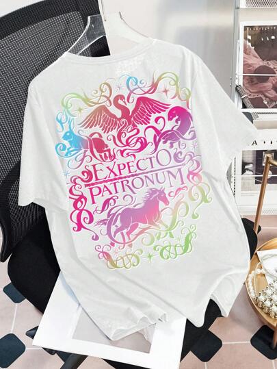 HARRY POTTER X SHEIN Women Casual Loose Round Neck Short Sleeve Printed T-Shirt, Colorful Pattern Design, Suitable For Summer