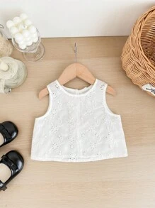 SHEIN LMoss Kids 女宝宝可爱夏季休闲百搭白色花卉刺绣背心 - 白色 - 查看 2