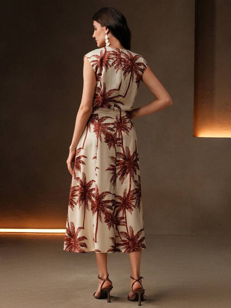 Novo Vestido Feminino Estilo Primavera/Verão Férias, Decote Redondo, Sem Mangas, Cinturado, Estampa de Árvore de Coco