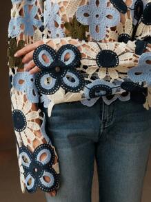 Anewsta Women Flower Hollow Knitted Long Sleeve Pullover Cover Up For Summer Beach Vacation