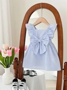 SHEIN LMoss Kids Babygirl Cute Summer Blue & White Striped Bow Ruffle Trim Loose Casual Dress - Blue and White - View 7