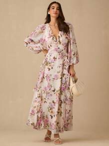 Enchnt 春夏浪漫女士杏色和紫色玫瑰印花深 V 领长袖荷叶边长裙，甜美优雅，适合度假、约会、节日、派对、毕业典礼、婚礼宾客和海滩，舞会礼服，女士夏季连衣裙，女士太阳裙，夏季服装，优雅的派对连衣裙