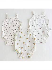 Loomiva Newborn Baby Girl 3pcs Set Plant & Floral Pattern Suspender Bodysuit Outfit - Multicolor - View 3