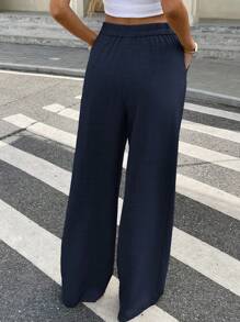 Serisse Pantaloni de damă, de culoare solidă, cu buzunare pliate, drepte, largi - Albastru marin - Vizualizare 2