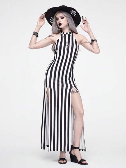 Vintage Gothic Black & White Striped High Split Maxi Holiday Dress