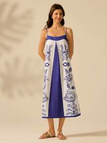 CAJUNI 1pc Women Floral Print A-Line Midi Cami Dress, Casual & Vacation Style - Blue and White - View 5