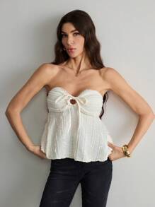 SHEIN Tall Blusa de mujer de unicolor con hombros descubiertos, lazo delantero y volantes texturados, atuendo para conciertos, festivales rave y música country de verano