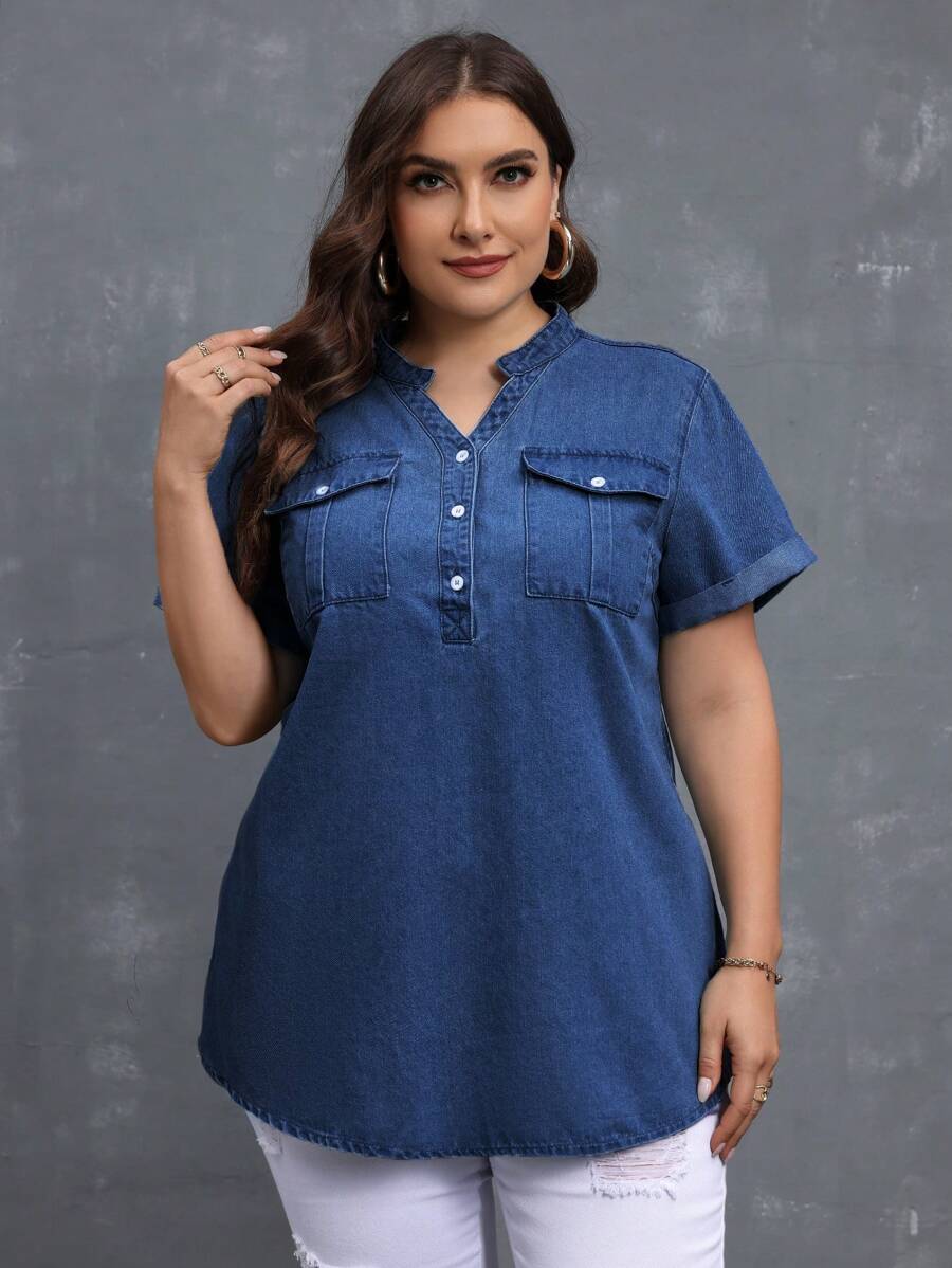 EMERY ROSE Plus Size Women V-Neck Short Sleeve Button Half Front Placket Casual Denim Top - Medium Wash - View 1