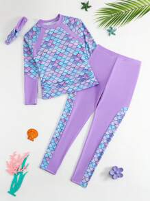 Sparklyn 青少年女孩美人鱼鳞片印花插肩袖上衣和裤子比基尼套装（含头带）