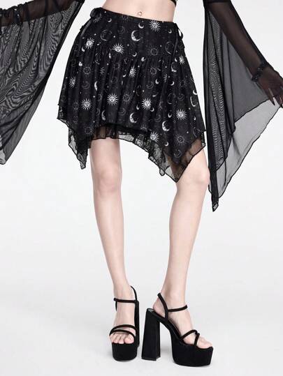 Goth Jupe élégante à ourlet asymétrique pour femme, imprimé lune et étoiles, été