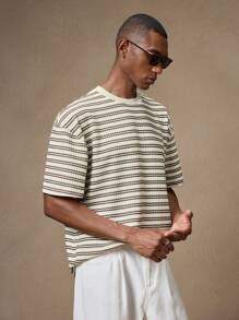 AKNOTIC Business Casual 男士复古条纹宽松圆领短袖休闲T恤，适合夏季 - 彩色 - 查看 7