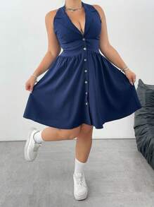 Flirla Plus Size Women's Backless Ruched Waist Shirt Collar Slip Dress With Front Keyhole - Black - View 6