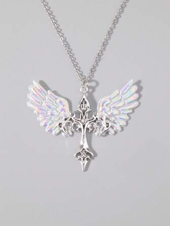 Goth 1pc Y2K Fashion Angel Wings & Flame Cross Necklace, Perfect For Daily Wear