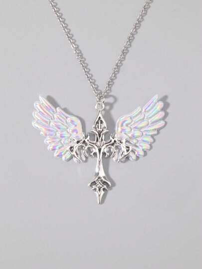 Goth 1pc Y2K Fashion Angel Wings & Flame Cross Necklace, Perfect For Daily Wear
