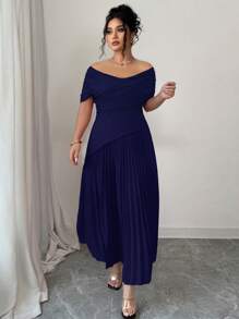Elenzga Robe d'été élégante et romantique pour femmes grandes tailles, avec épaules dénudées, pour les vacances - Bleu azur - Voir 5
